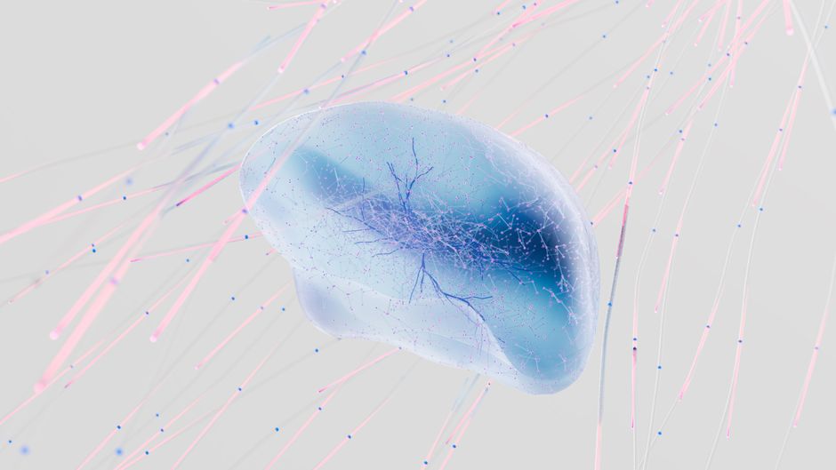 Ilustración de neuronas y sinapsis sobre fondo azul
